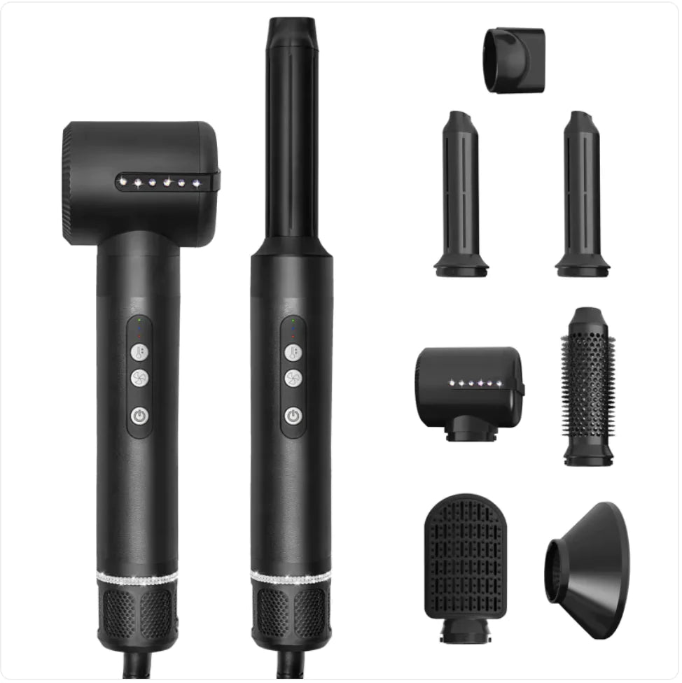 Black hair styling tool with multiple attachments on a white background