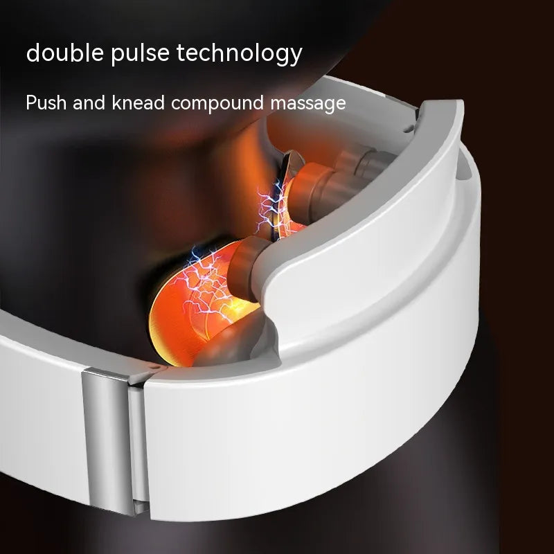 Massage device with double pulse technology and push and knead compound massage text on a dark background