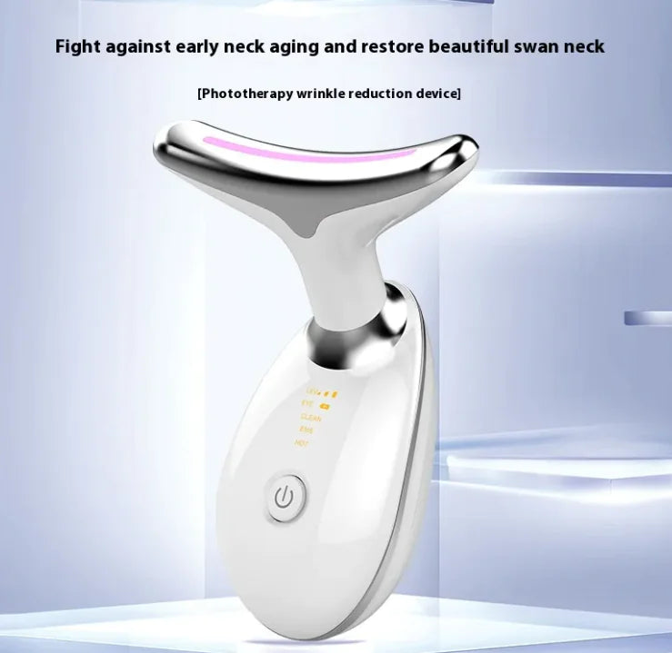 Phototherapy wrinkle reduction device for neck care on a light blue background
