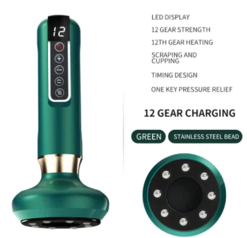 Green handheld device with LED display and features listed on a white background