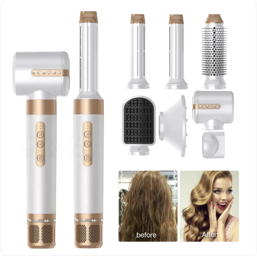 Multifunctional hair styling tool with various attachments and before/after images of styled hair.