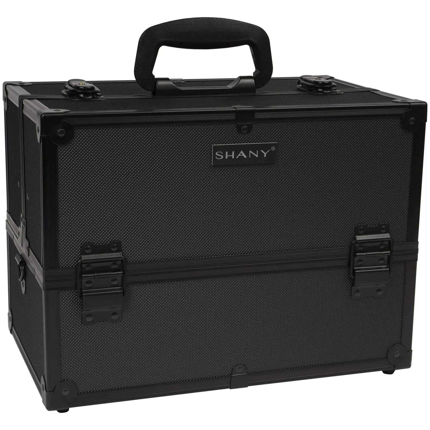 Black makeup case with 'SHANY' branding on a white background