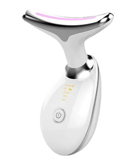 White and silver electronic device with a power button on a white background