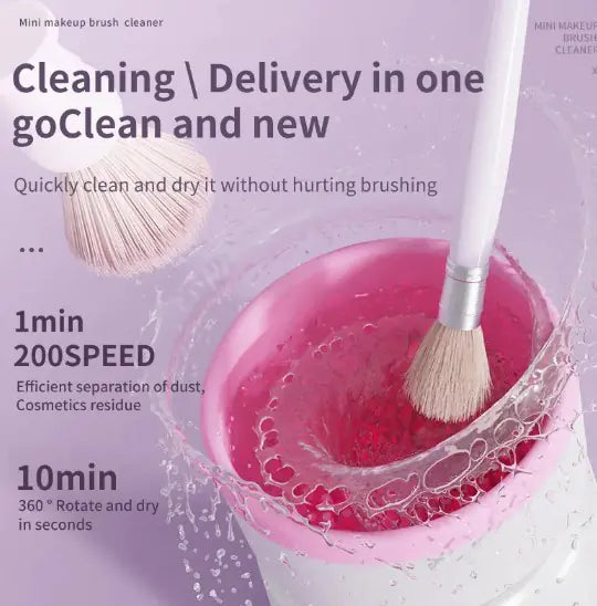Makeup brush cleaner with a brush in a pink container on a purple background