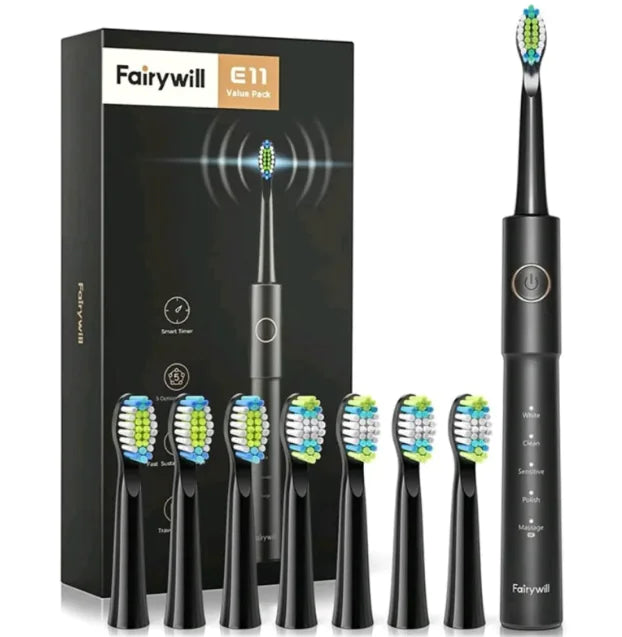 Fairywill E11 electric toothbrush set with packaging and multiple brush heads on a white background