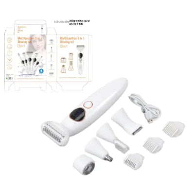 White grooming kit with attachments and packaging on a white background