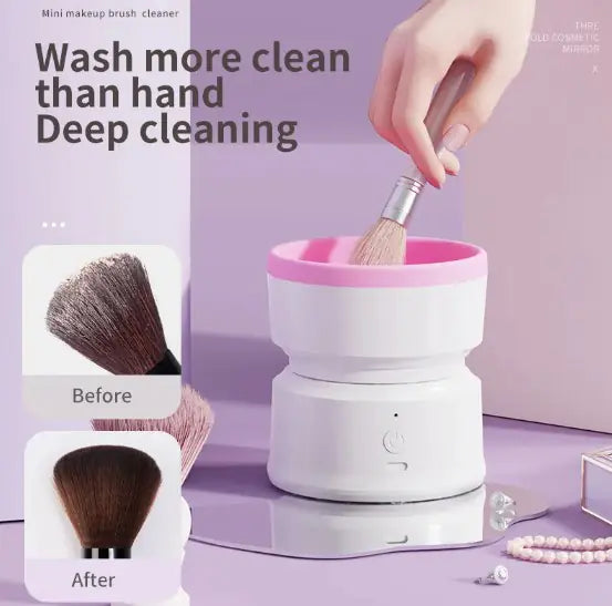 Makeup brush cleaner with a hand using a brush, before and after images shown, on a purple background.