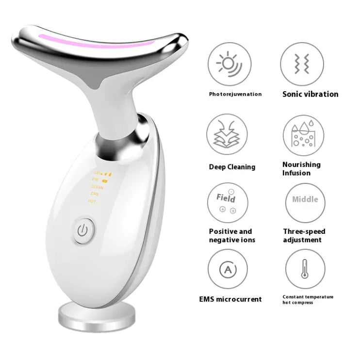 Beauty device with features listed on a white background