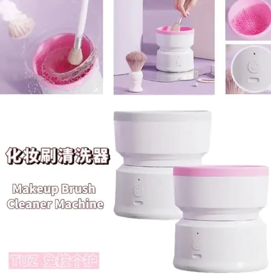 Makeup brush cleaner machine with pink accents and cleaning process shown.