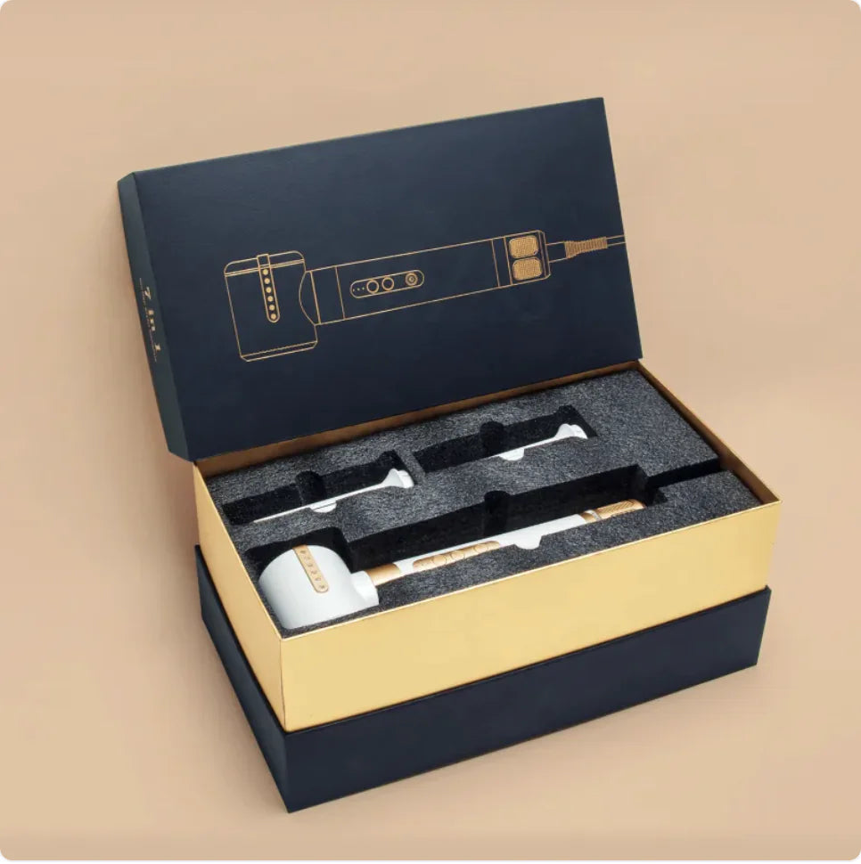Grooming tool set in a decorative box on a beige background