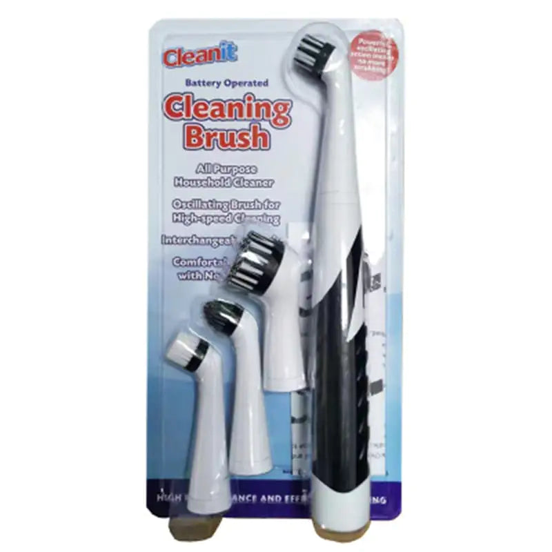 Battery-operated cleaning brush set with packaging on a white background