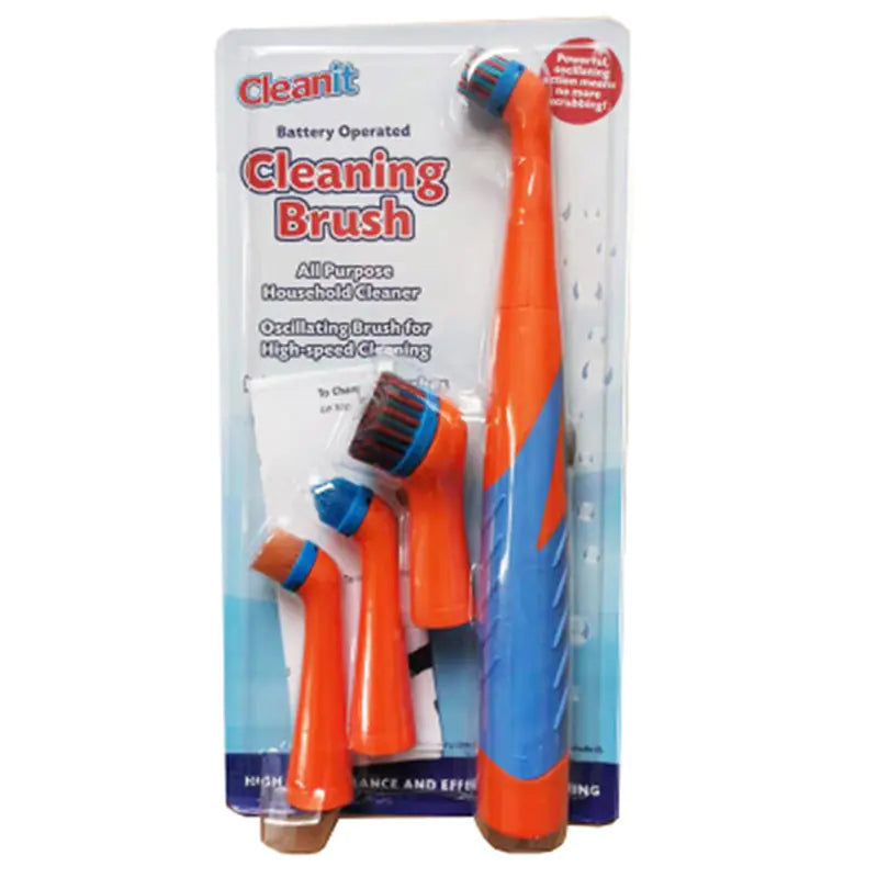 Battery-operated cleaning brush set with packaging labeled 'Cleanit' on a white background.