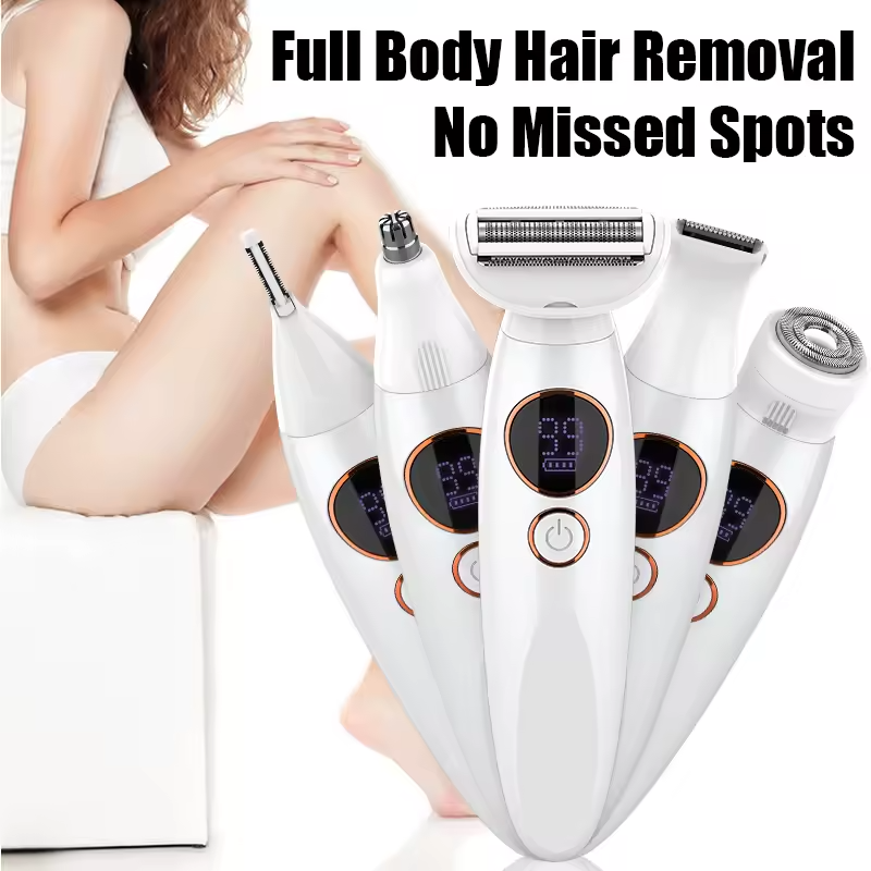 Electric shaver with digital display and multiple handles on a white background, accompanied by text 'Full Body Hair Removal No Missed Spots'.