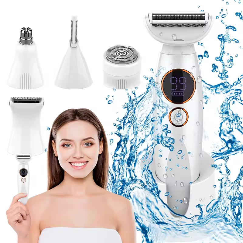 Multi-functional electronic device with attachments and a woman holding it, surrounded by water splashes.