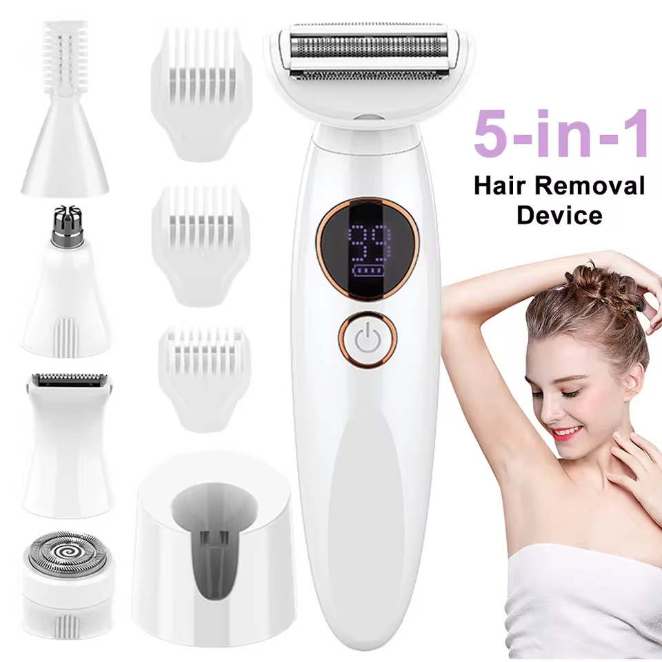 5-in-1 hair removal device with attachments and a woman using it on her arm.
