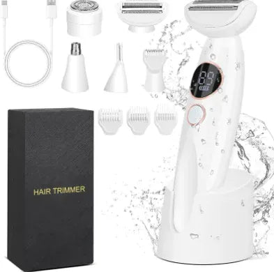Hair trimmer set with multiple attachments and packaging on a white background