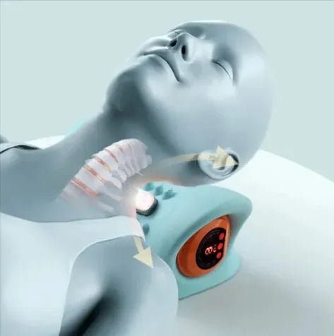 Mannequin head with a neck device and digital display on a light gray background