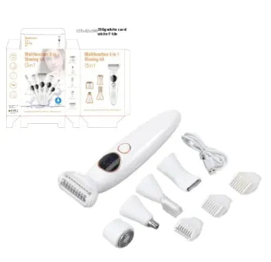 White grooming kit with attachments and packaging on a white background