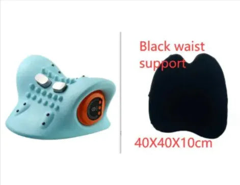 Blue and black waist support with dimensions on a white background