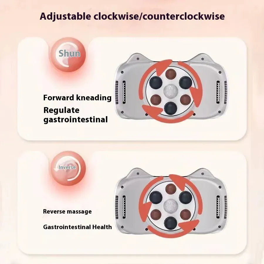 Massage device with adjustable clockwise/counterclockwise motion on a beige background