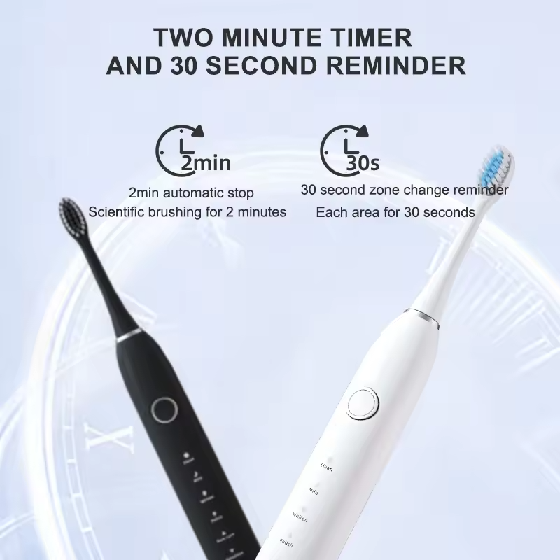 Two electric toothbrushes with timer and reminder features on a light blue background