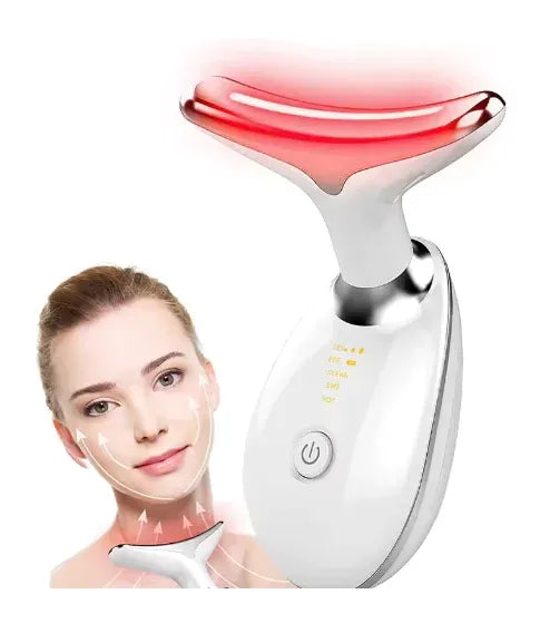 Facial massager device with red light on a white background