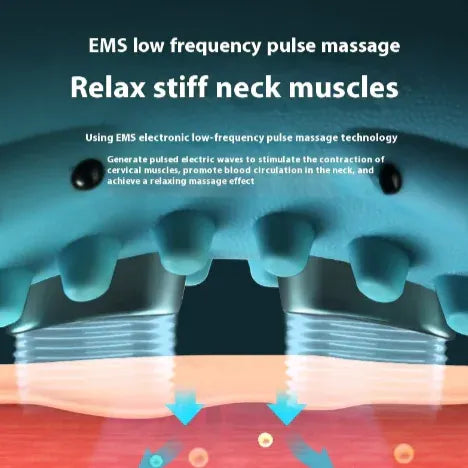 Neck massager with text explaining EMS low frequency pulse massage technology.