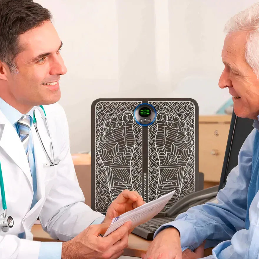 Doctor and patient discussing how foot massager works