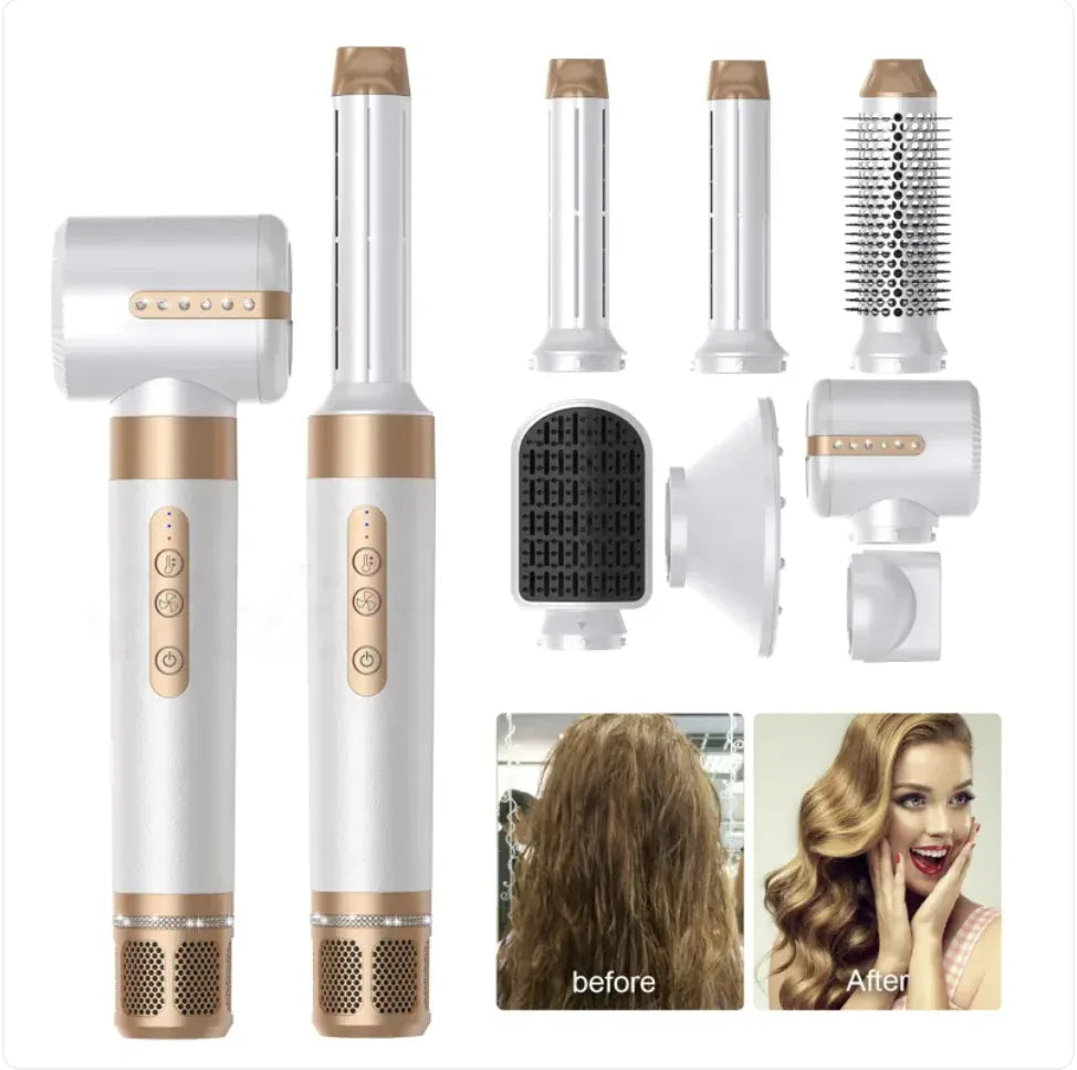 Multifunctional hair styling tool with various attachments and before/after images on a white background.