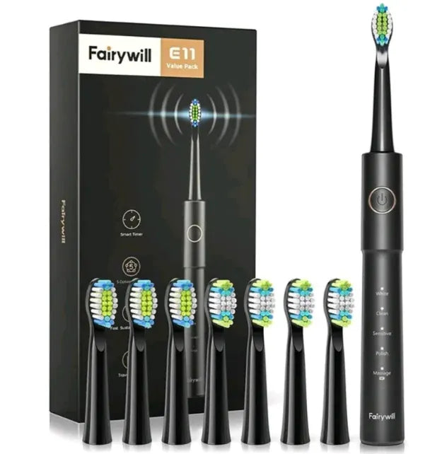 Fairywill E11 electric toothbrush set with multiple brush heads and packaging on a white background