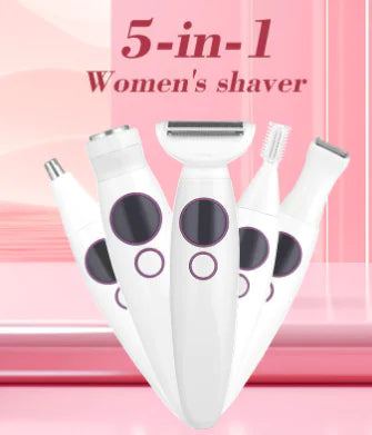 5-in-1 women's shaver on a pink background with text