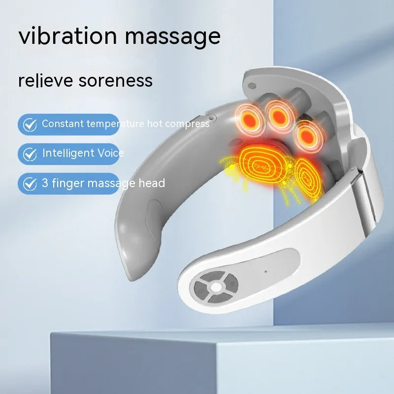 Massage device with heating elements and text highlighting features on a blue background