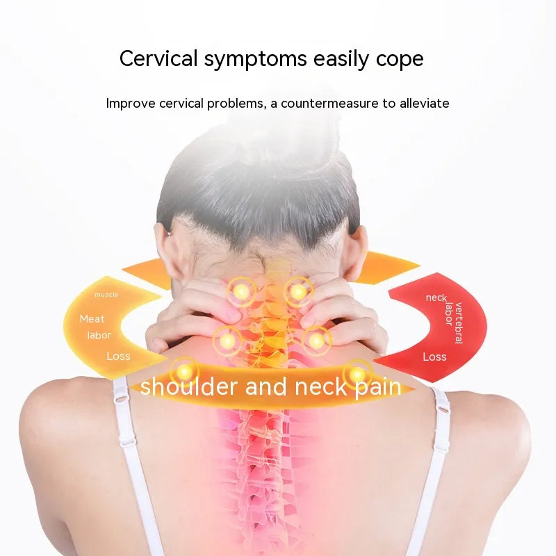 Illustration of a person with neck and shoulder pain, showing cervical symptoms and a countermeasure to alleviate them.