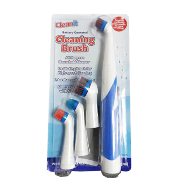 Packaged cleaning brush with multiple heads on a white background