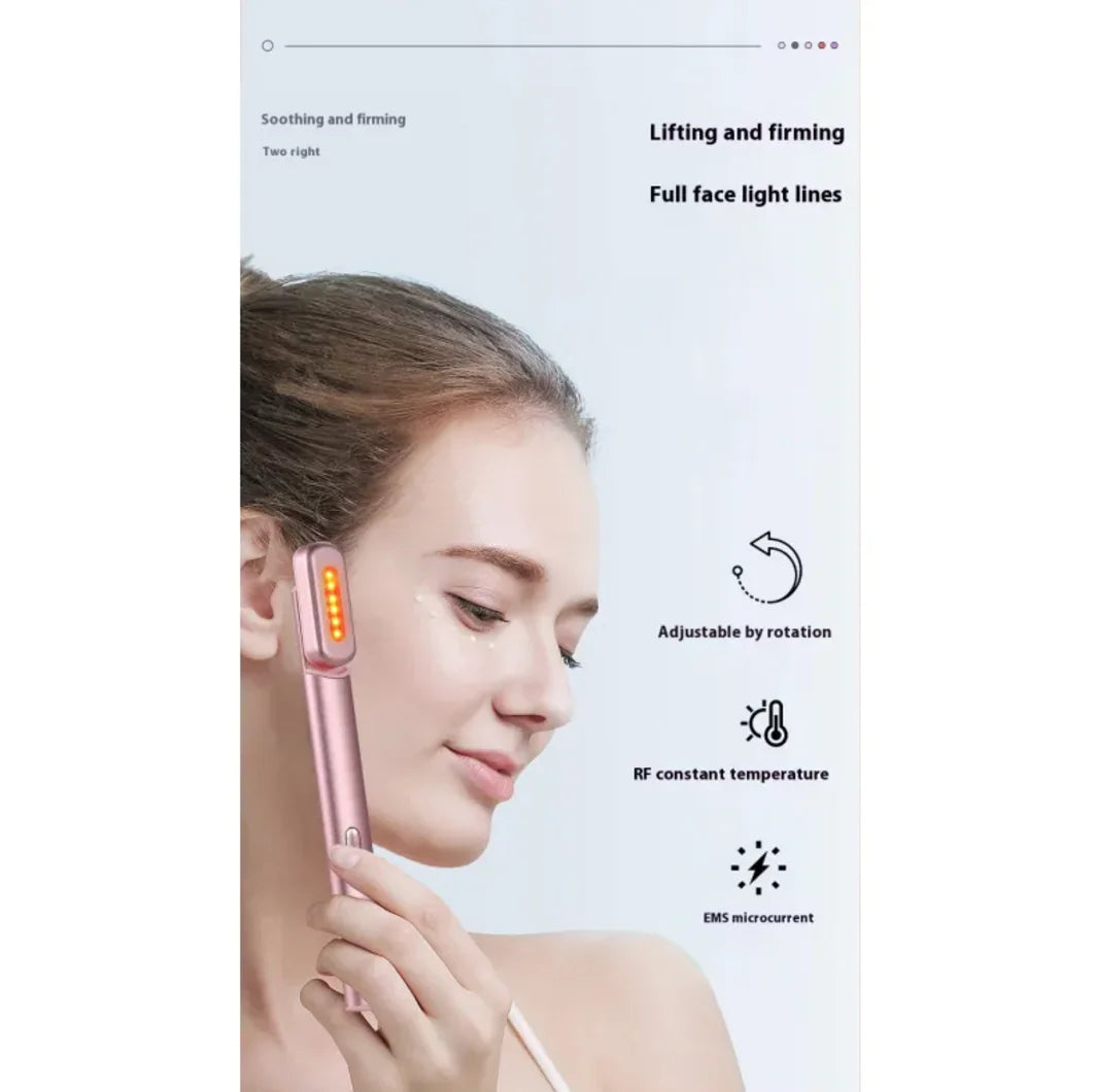 Woman using a pink facial device with text on a white background