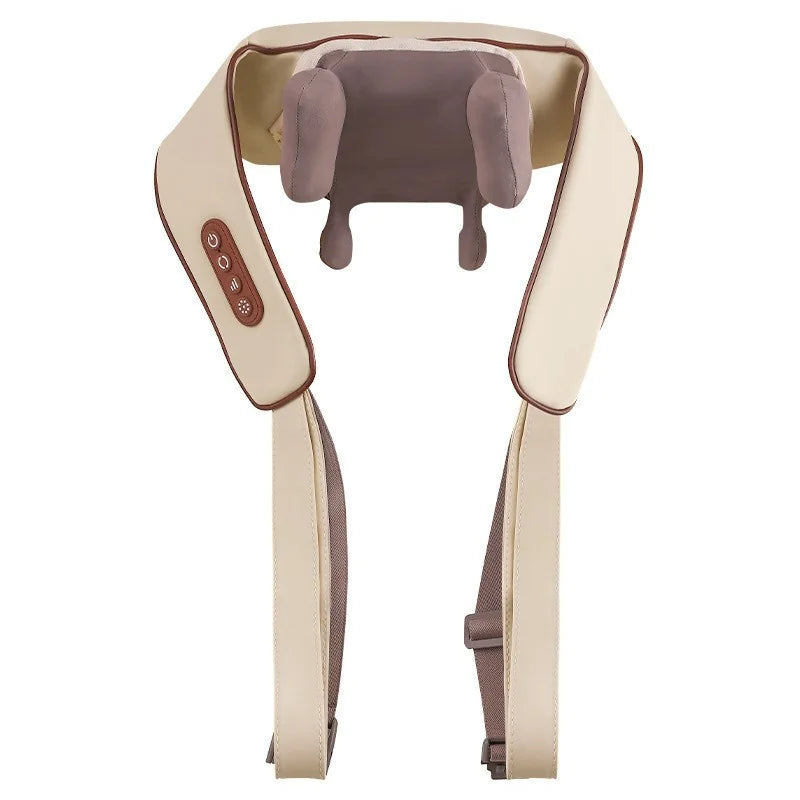 Neck and shoulder massager with beige and brown design on a white background
