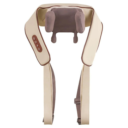 Neck and shoulder massager with beige and brown design on a white background