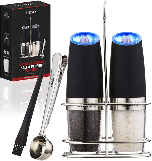 Electric salt and pepper mill set with Zirocc branding, including a box, spoon, and stand.
