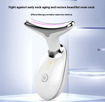 Phototherapy wrinkle reduction device for neck care on a light blue background