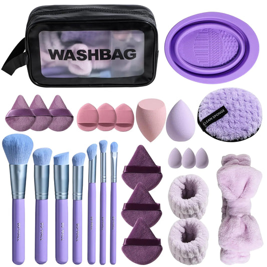 Makeup tools including brushes, sponges, and a washbag with 'WASHBAG' branding.