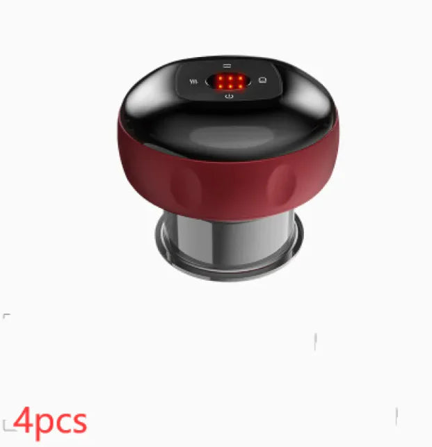 Red and black electronic device with digital display on a white background