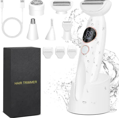 White hair trimmer with digital display, multiple attachments, and a black box labeled 'Hair Trimmer' on a white background.