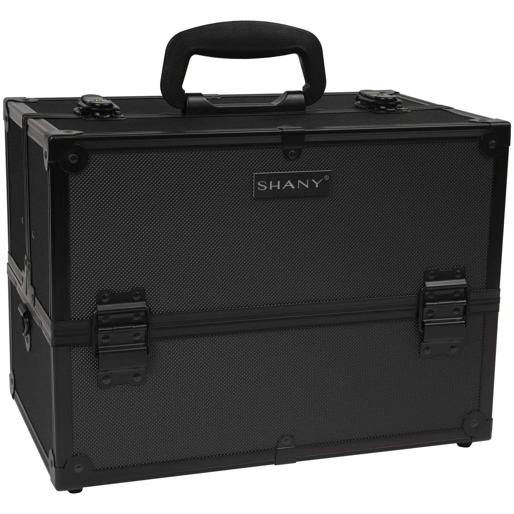 Black makeup case with 'SHANY' branding on a white background