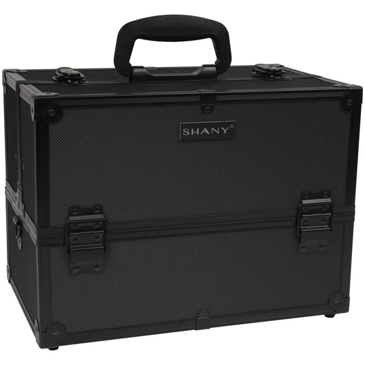 Black makeup case with 'SHANY' branding on a white background