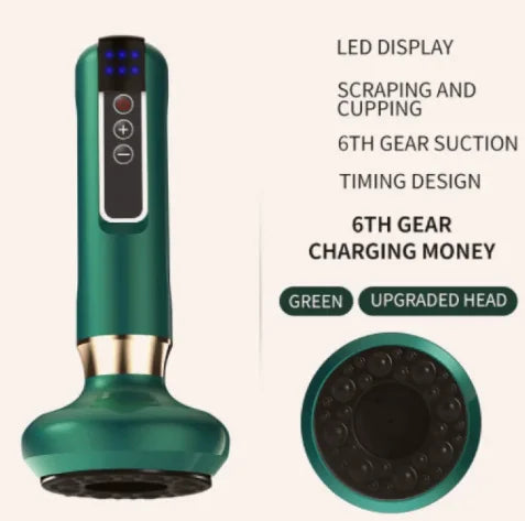 Green handheld device with LED display and suction feature on a beige background