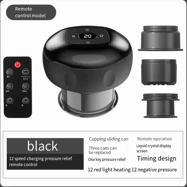 Black cupping device with remote control and additional components on a white background