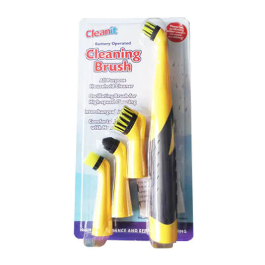 Battery-operated cleaning brush with packaging on a white background