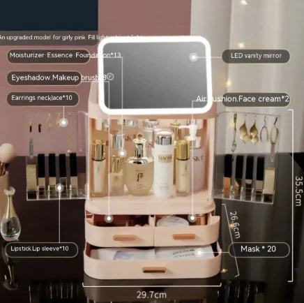Cosmetic organizer with mirror and compartments labeled with cosmetic items and their quantities.