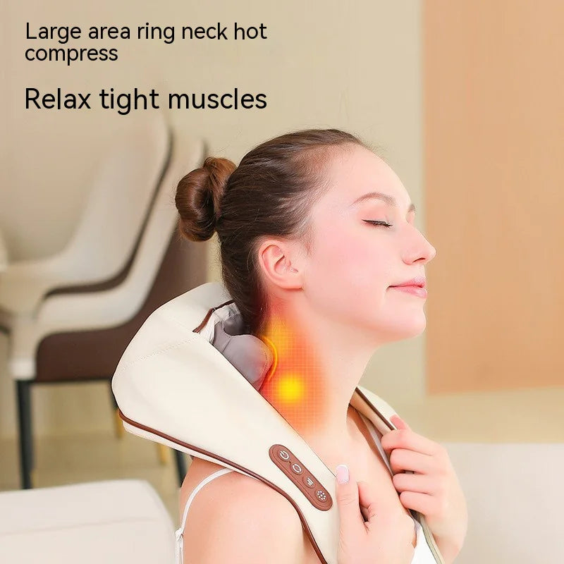 Woman using a neck and shoulder massager with text indicating it relaxes tight muscles.