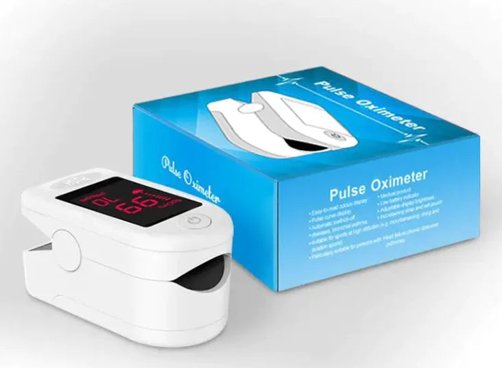 Pulse oximeter with its packaging on a light gray background